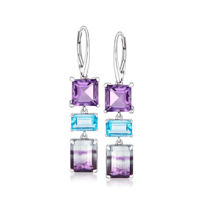 Sterling silver leverback drop earrings with purple and blue rectangular gemstone clusters