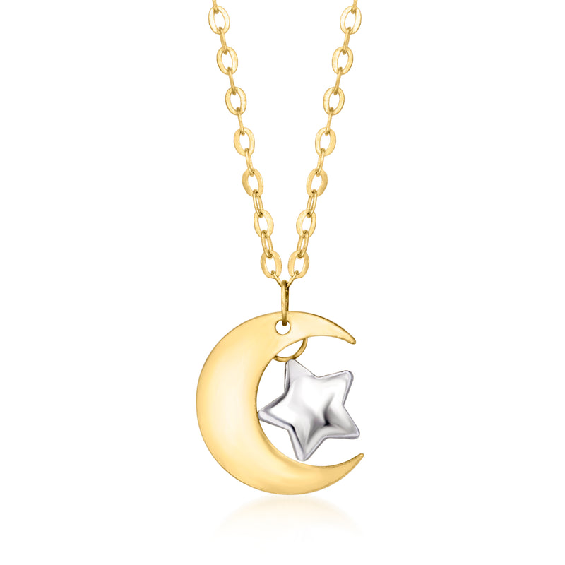 Two-tone 10kt gold necklace with crescent moon and star pendant on chain