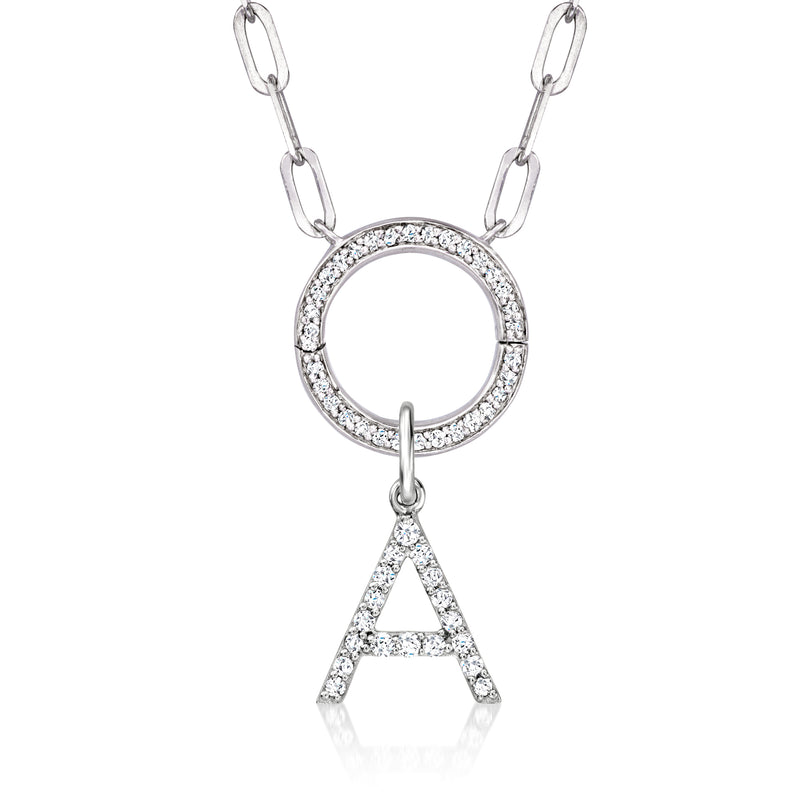 Sterling silver diamond-encrusted initial charm on round hoop chain, A pendant