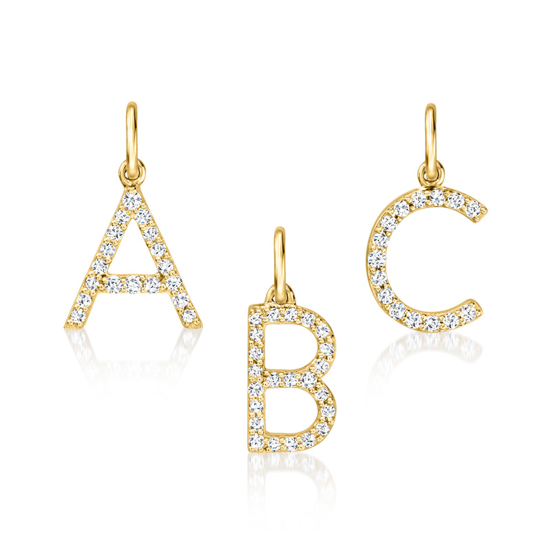 14kt yellow gold diamond initial charm set: A, B, and C letters