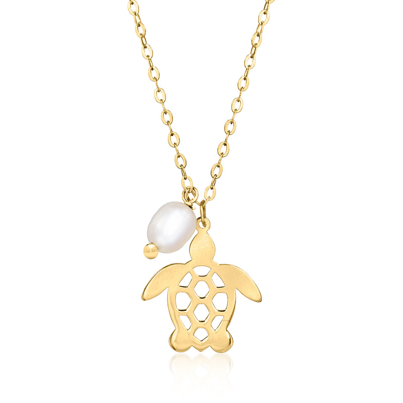 10kt yellow gold turtle pendant necklace with white cultured pearl and chain