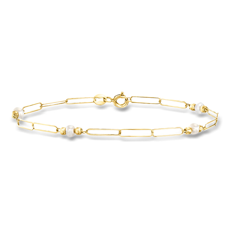 10kt yellow gold paper-clip link bracelet with cultured pearl accents