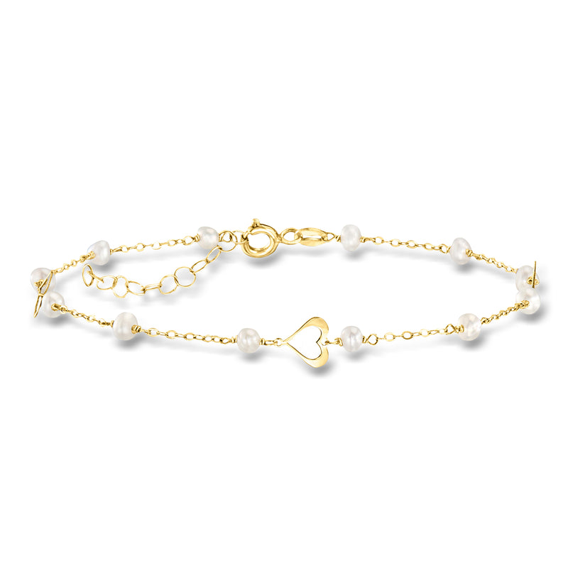 10kt yellow gold cultured pearl station bracelet with heart clasp and toggle closure