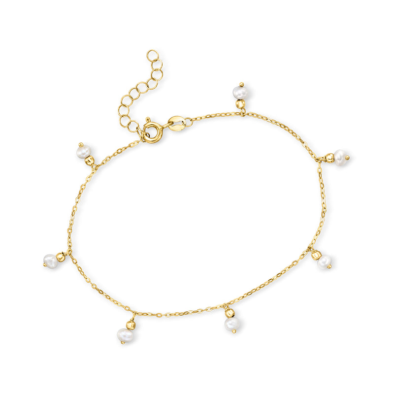 10kt yellow gold station bracelet with small round cultured pearls and dangling charm drops