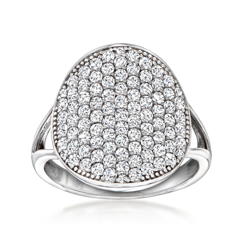 Sterling silver pave zircon circle ring with raised halo of clear stones