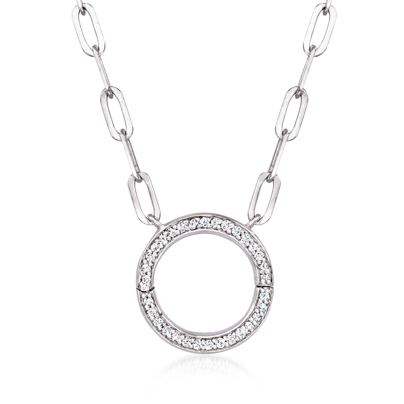 Sterling silver circle charm necklace with diamond halo ring pendant and oval link chain