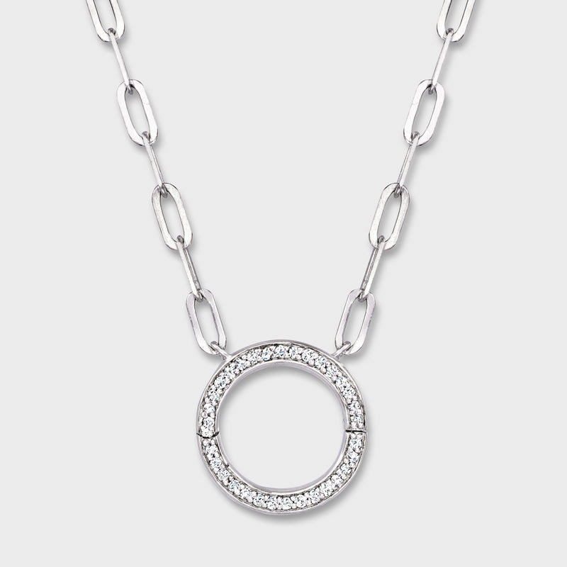 Sterling silver circle charm necklace with diamond halo round ring pendant and oval link chain