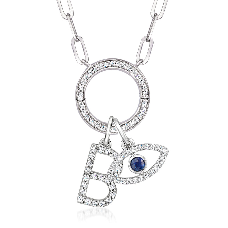 Sterling silver circle charm necklace with diamond halo ring, letter 'B' charm and blue stone