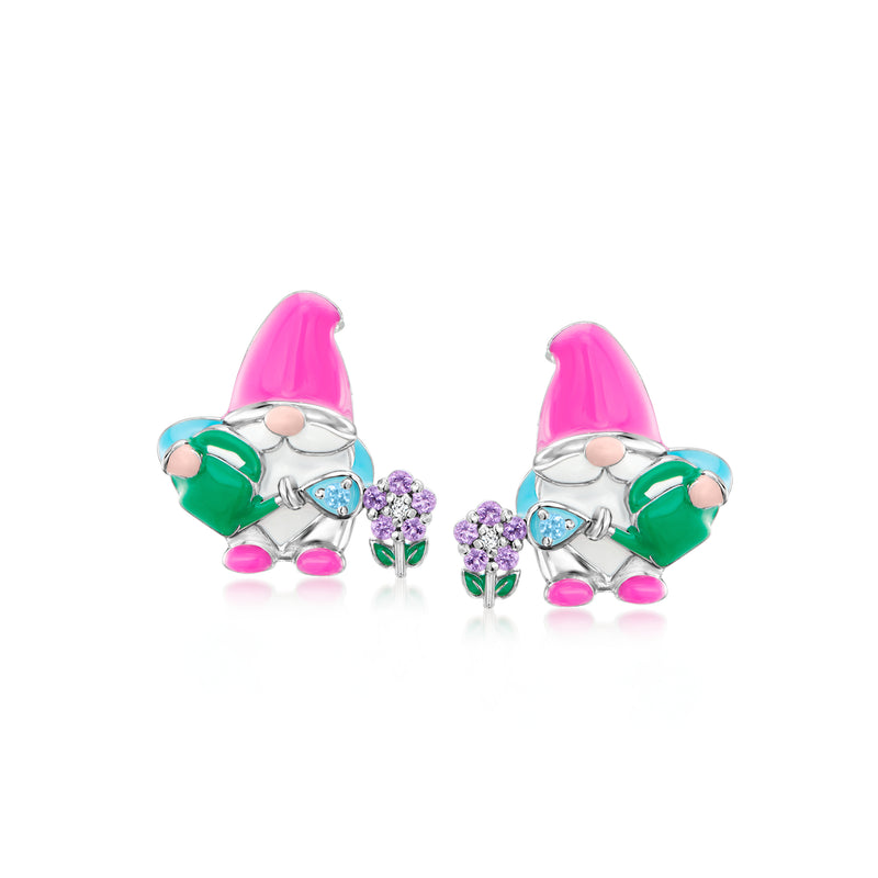 Sterling silver gnome stud earrings with multicolored enamel and gem accents