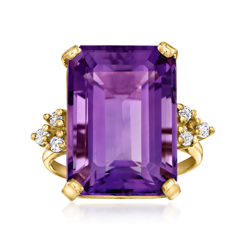 Vintage 14kt yellow gold ring with large purple emerald-cut amethyst and diamond side clusters