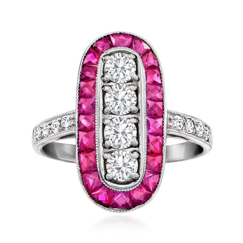 Vintage ruby and diamond ring in white gold, oval center with pink halo and diamond sides