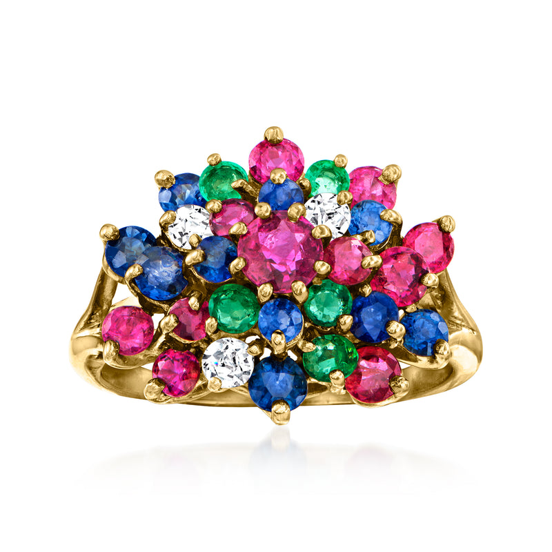 Gold cluster ring with pink, blue, green gemstones and small white accents