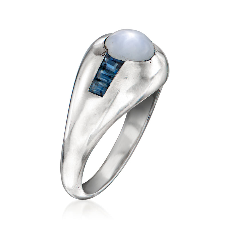 Platinum vintage ring, oval white center with blue baguette inset on one side