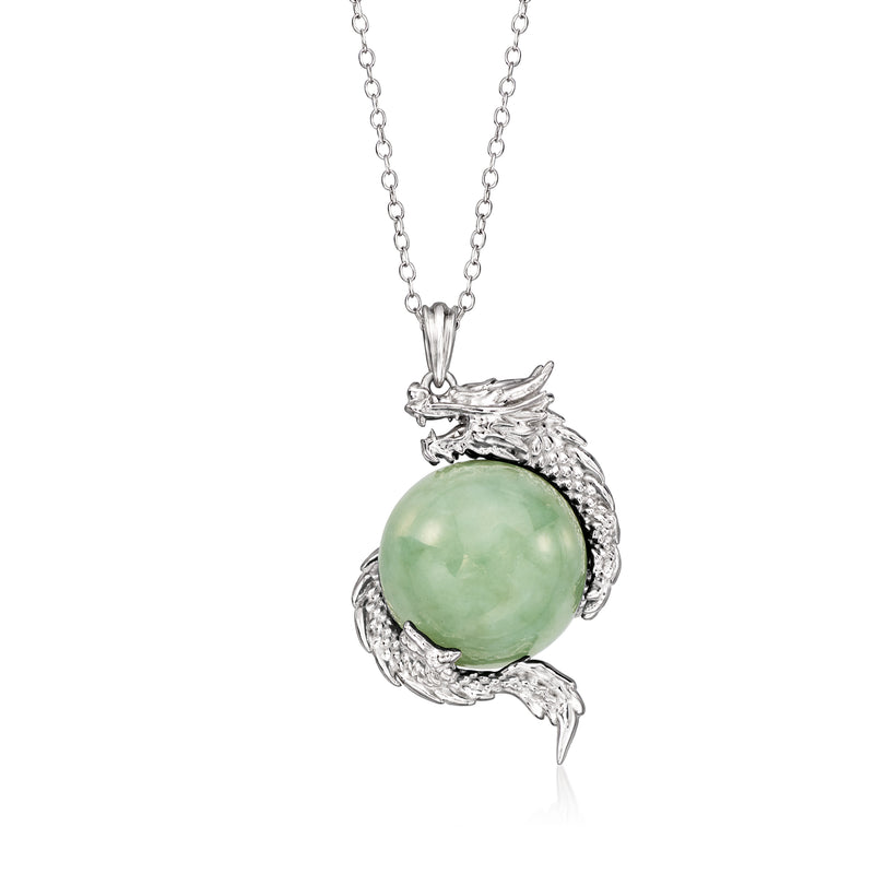 Sterling silver pendant necklace with round green jade dragon setting
