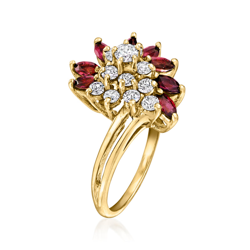 14kt yellow gold cluster ring with marquise red stones and round white diamonds, side view