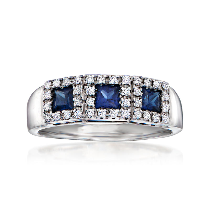 14kt white gold ring with three square blue sapphire stones and diamond accents