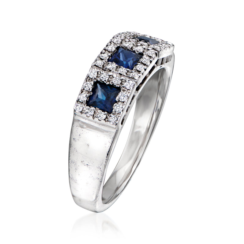 14kt white gold sapphire and diamond ring, square blue center stone with halo