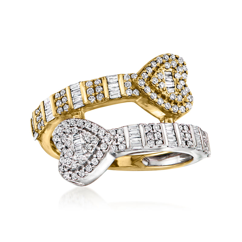 Diamond heart wrap ring in two-tone gold with pavé and baguette stones