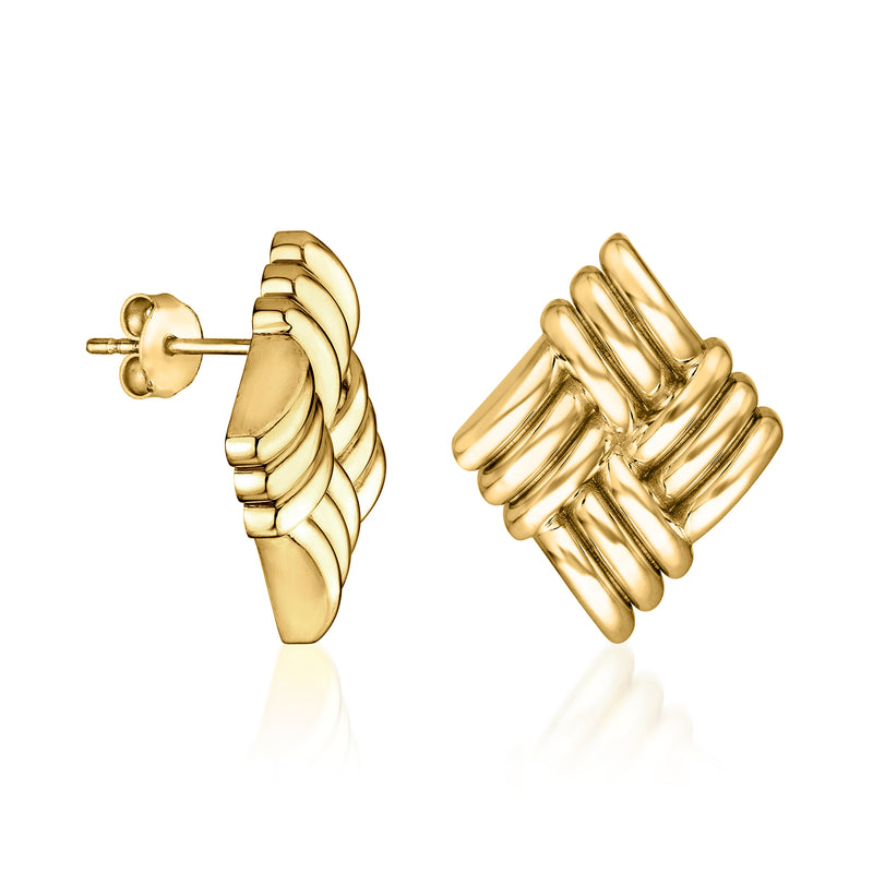 Yellow gold ribbed-pattern post earrings, side view with stud backing