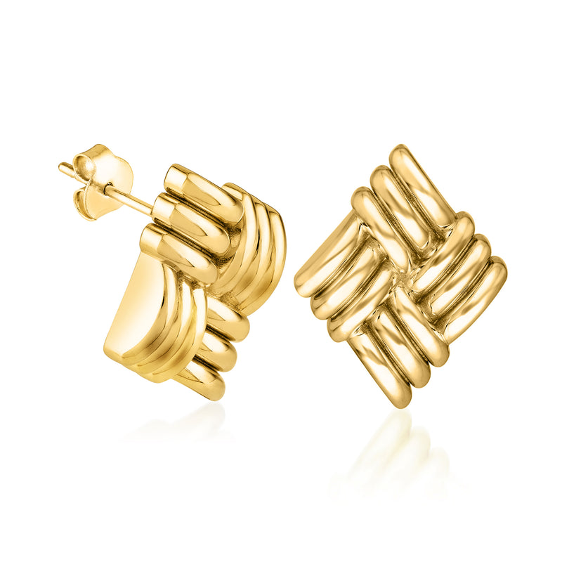 Yellow gold ribbed-pattern post earrings, close side view of layered curves