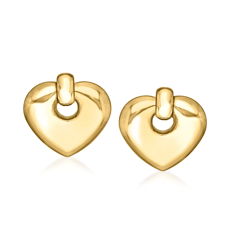 14kt yellow gold puffed heart doorknocker post earrings with looped top