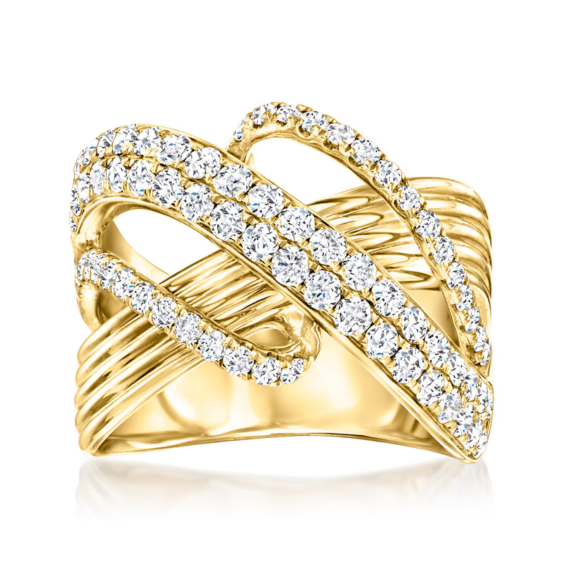 14kt yellow gold wavy diamond ring with crisscross pavé bands