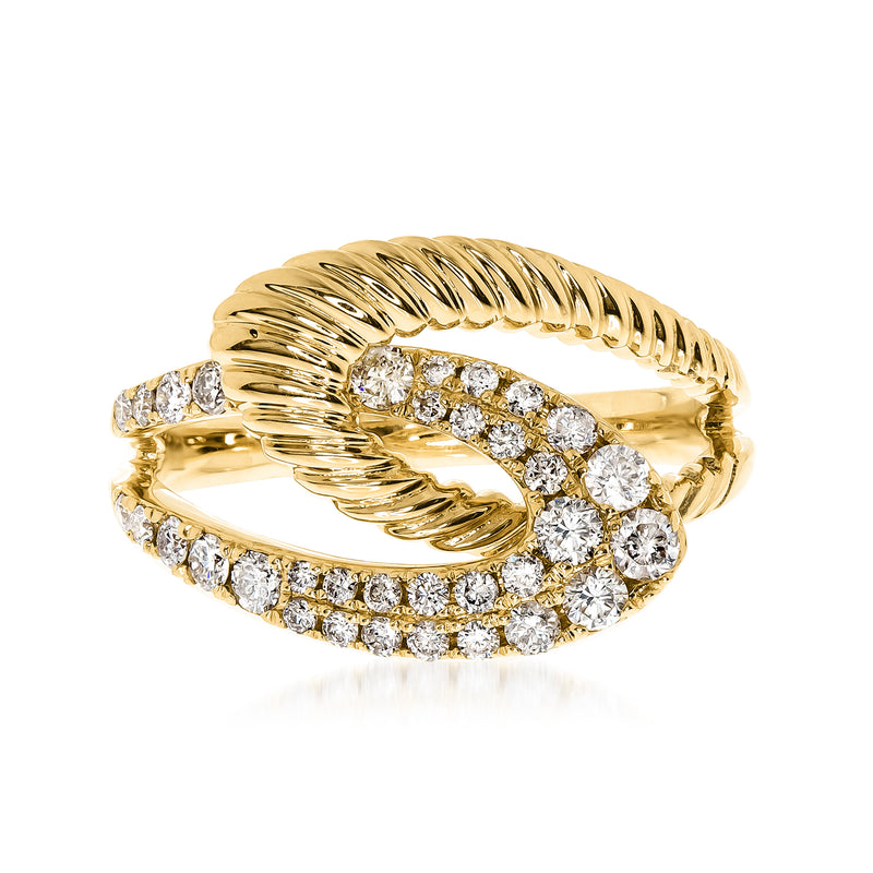 14kt yellow gold interlocking ring with round diamonds and shrimp-shaped openwork design