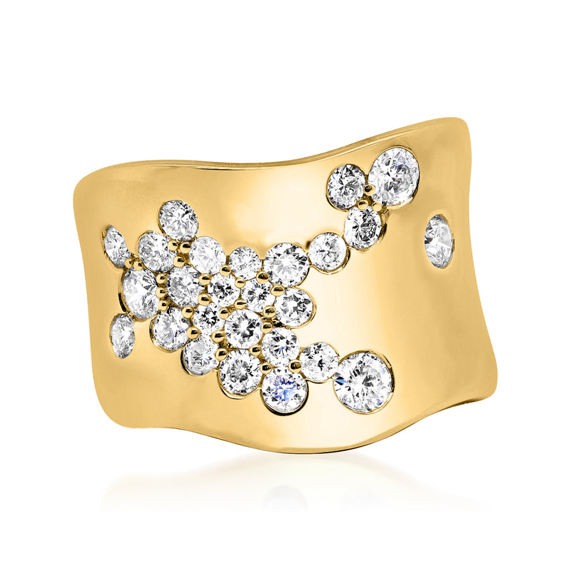 14kt yellow gold ring with scattered round diamonds, flowing wave band