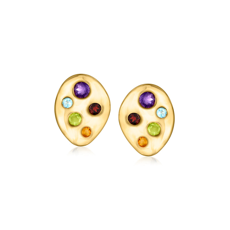 Gold oval stud earrings with purple, blue, red, green, and yellow gemstones