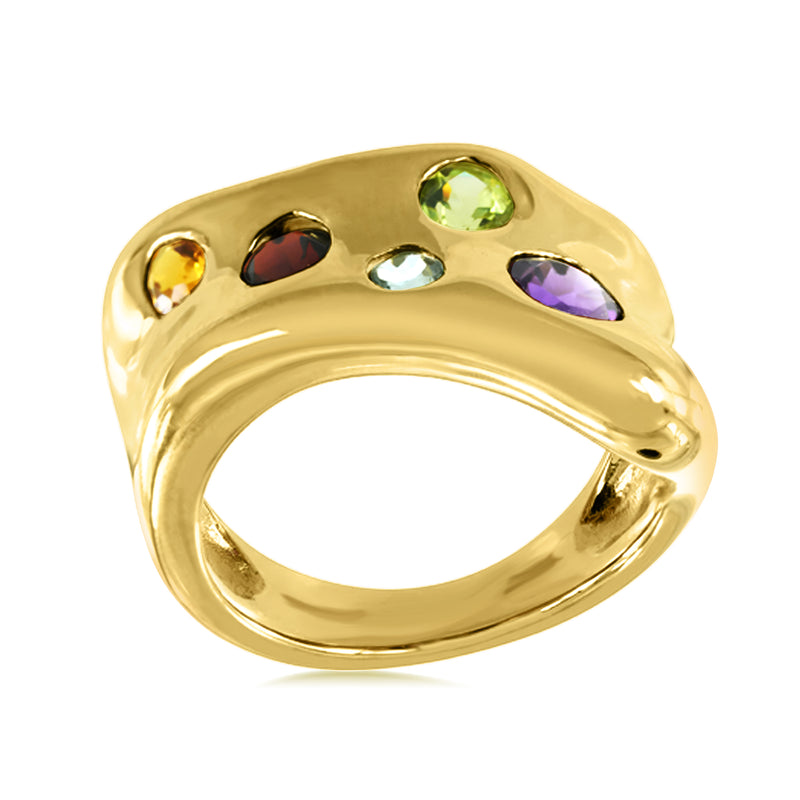 Gold sculptural ring side view with round gemstones: green, blue, purple, yellow, dark red.