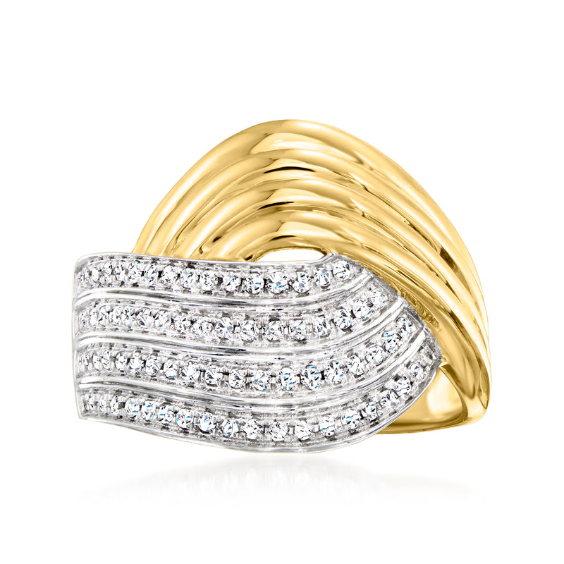 14kt yellow gold crisscross ring with diamond-set white metal bands