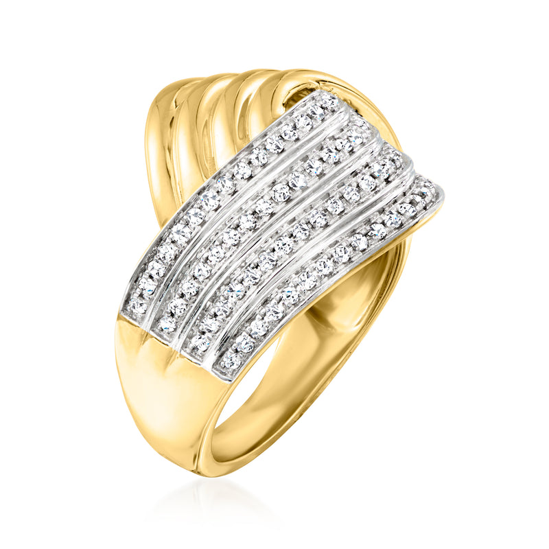 14kt yellow gold crisscross ring with diamond rows