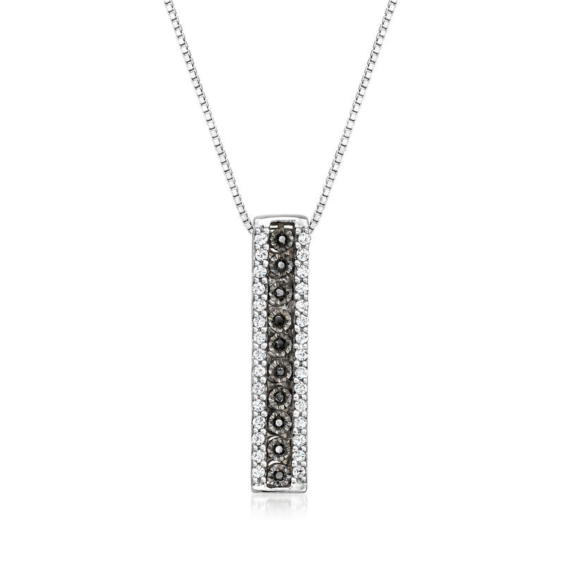 Sterling silver diamond linear bar pendant necklace with black and white stones
