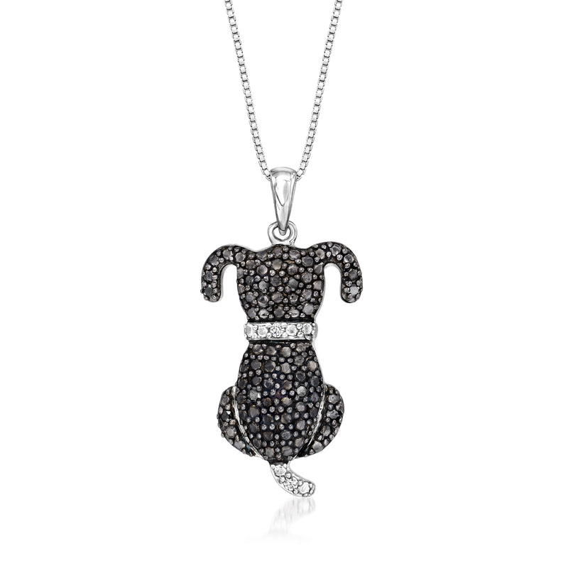 Sterling silver dog pendant necklace with black and white diamond accents