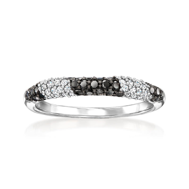 Sterling silver diamond striped ring with white and black stones