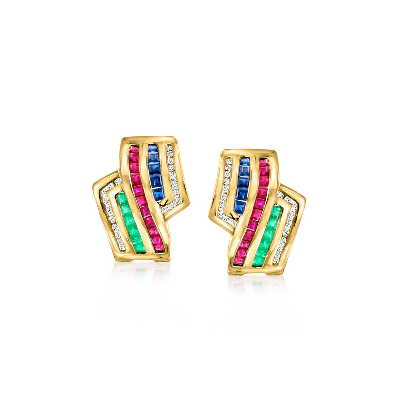 14kt yellow gold square multicolor gemstone and diamond clip/post earrings