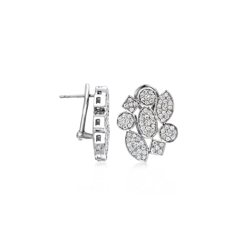 Diamond cluster stud earrings, side view showing post backing, white gold