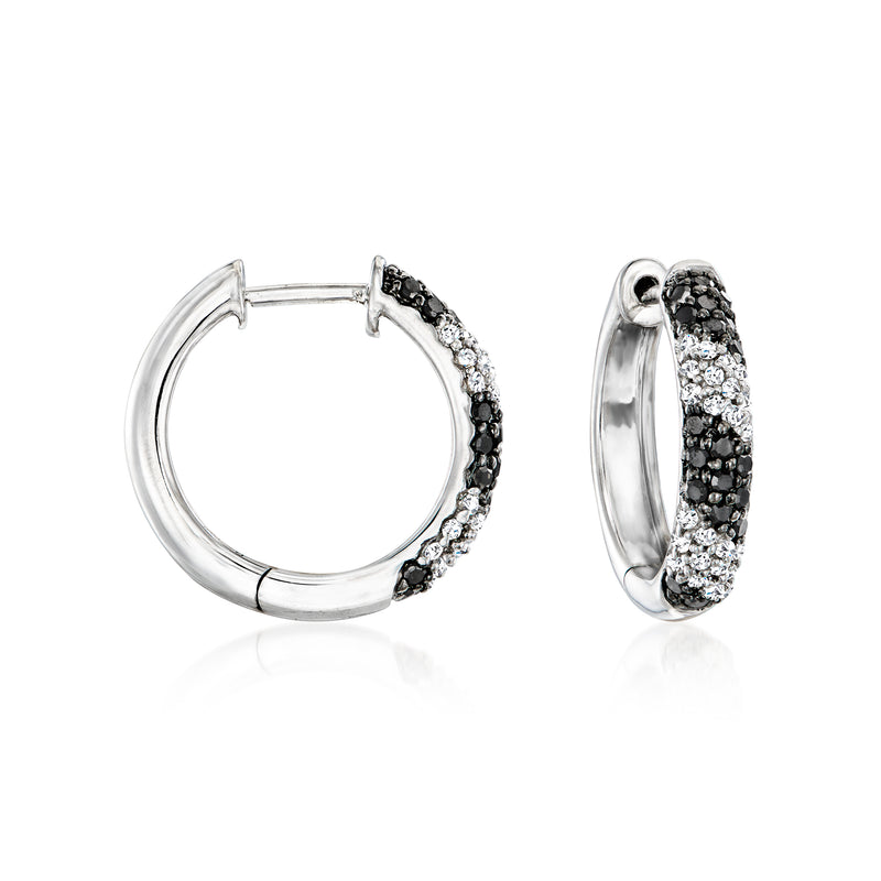 Sterling silver hoop earrings with black and white diamond stripes