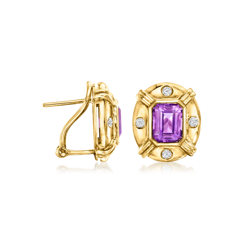 18kt yellow gold clip-post earrings with purple amethyst center and diamond accents