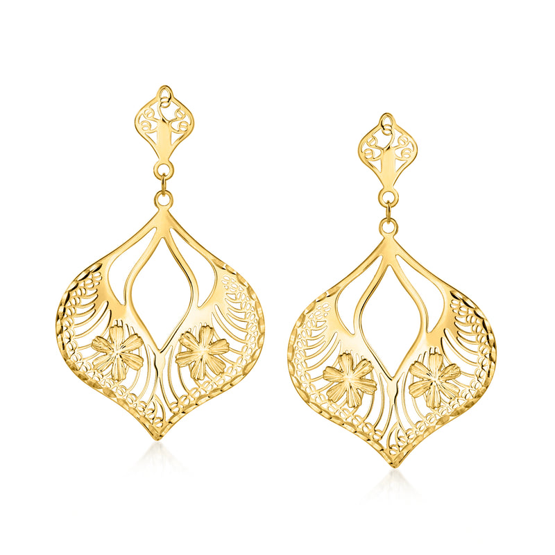 10kt yellow gold floral filigree drop chandelier earrings, teardrop shape
