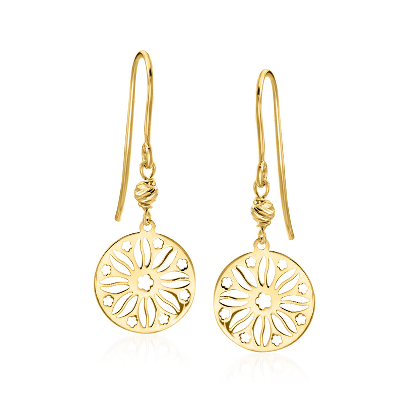 Yellow gold sunflower filigree drop earrings with dangle earwire, round medallions