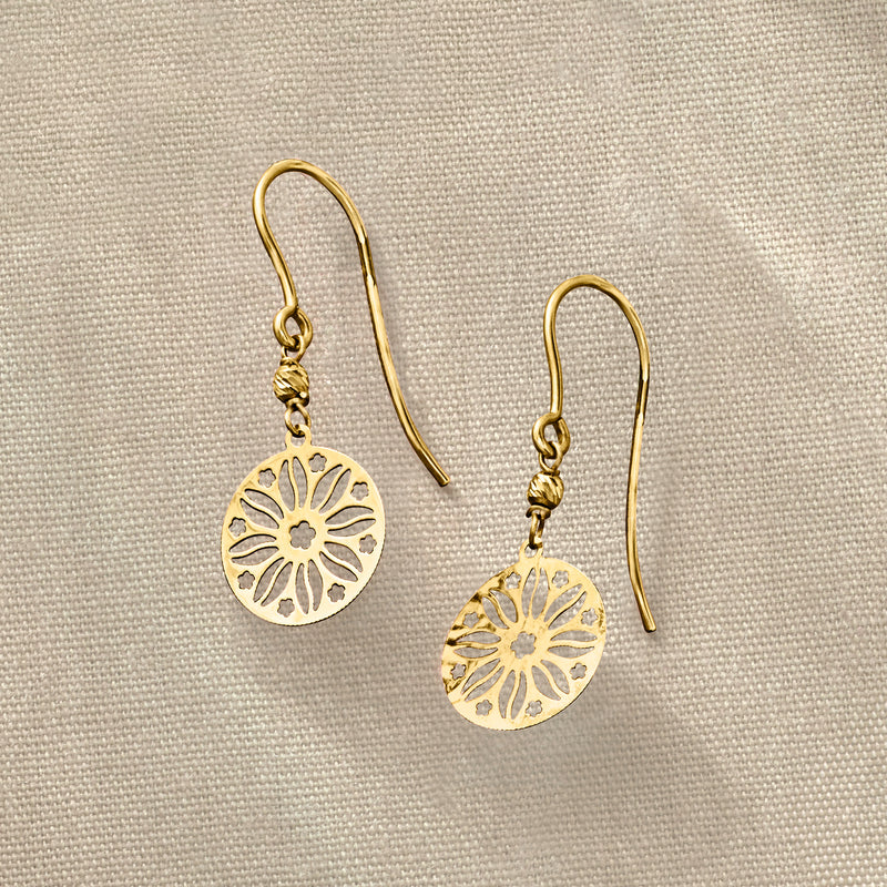 Yellow gold sunflower coin drop earrings with textured round medallions and earwires