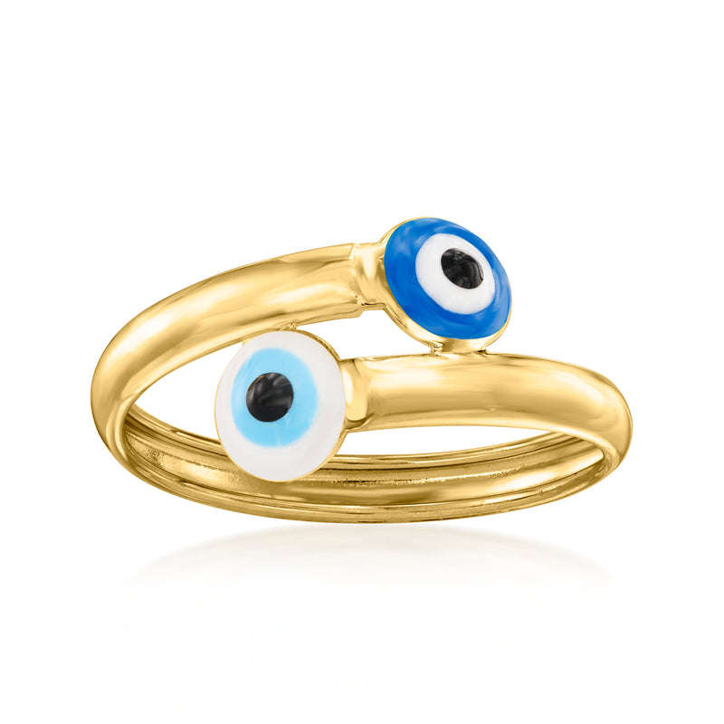 10kt yellow gold evil eye bypass ring with multicolor enamel eyes (blue, white, black)