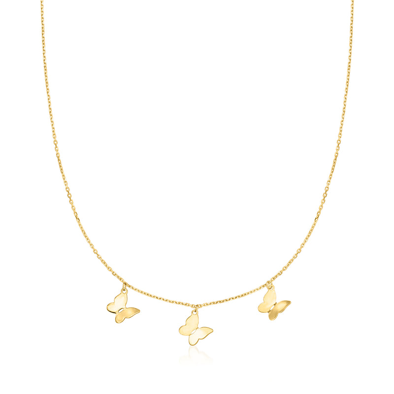 10kt yellow gold butterfly station necklace with three small butterfly charms