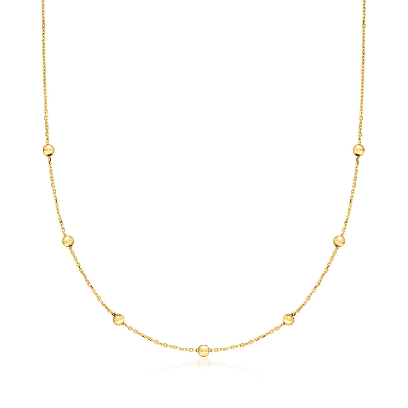 10kt yellow gold bead station necklace with small round beads on a fine chain