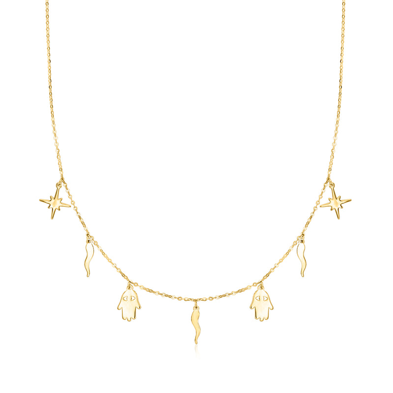 10kt yellow gold charm station necklace with star and hand-shaped pendants