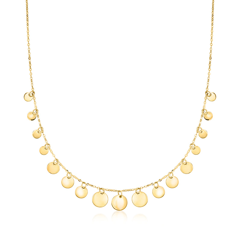 Yellow gold graduated disc drop necklace with small round dangling discs
