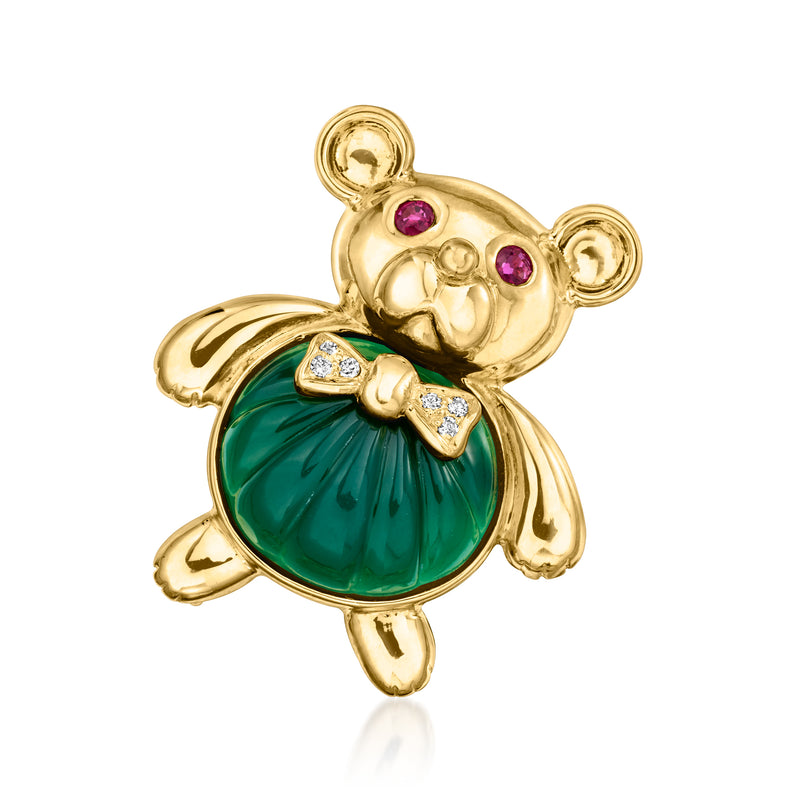 Gold teddy bear pin with green chalcedony belly, ruby eyes, and diamond accents