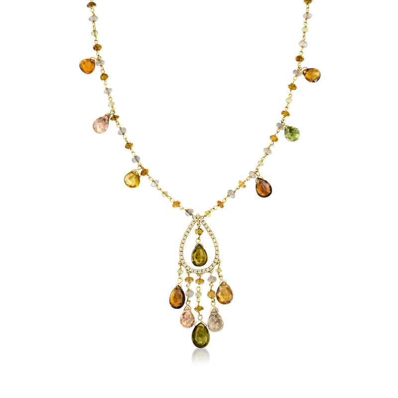 Vintage yellow gold necklace with multi-gem bead drops and teardrop diamond center