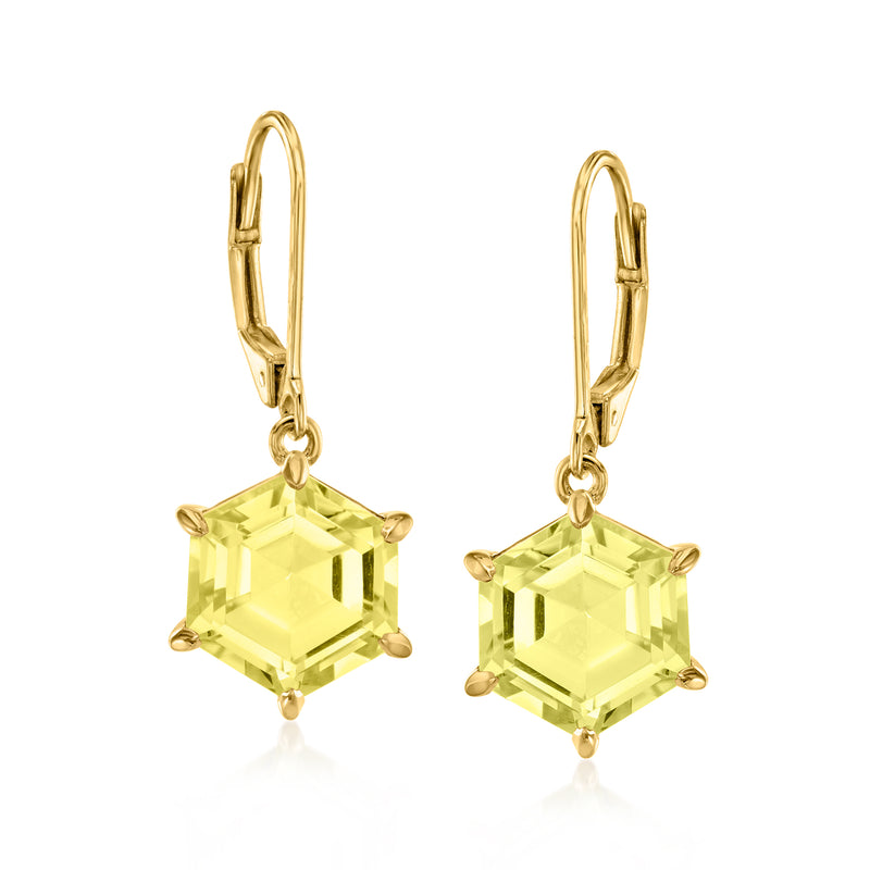 Gold leverback drop earrings with square-cut lemon quartz